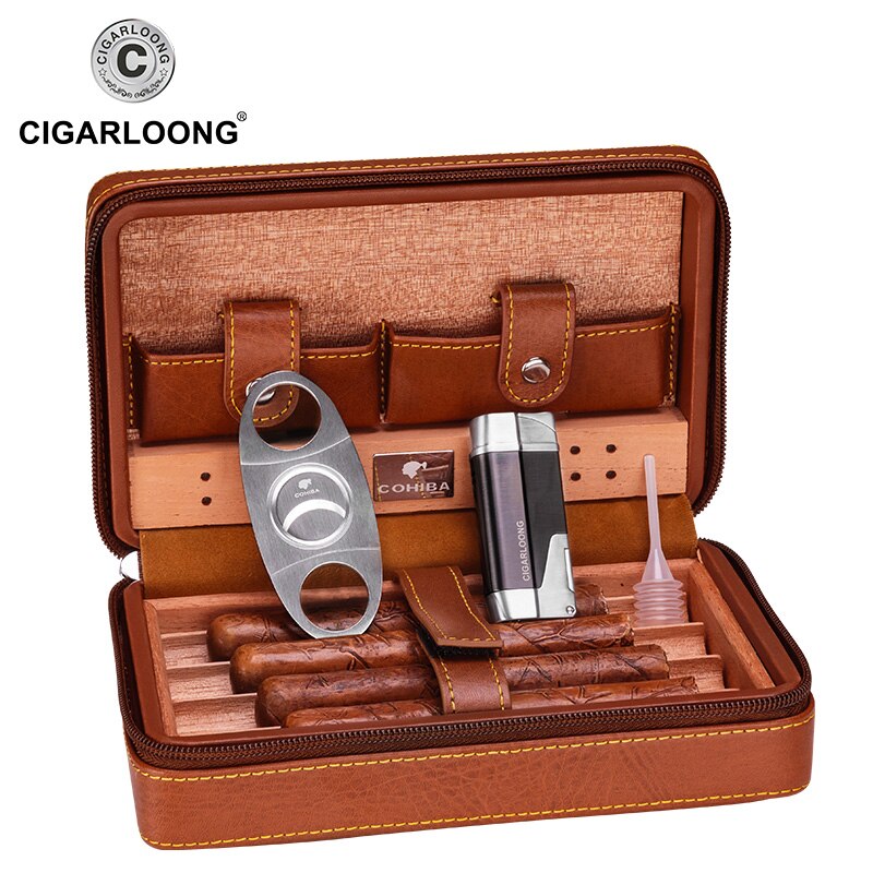 COHIBA Black/Brown Leather Cedar wood Lined Cigar Case Humidor With Lighter Cutter Humidifier Set