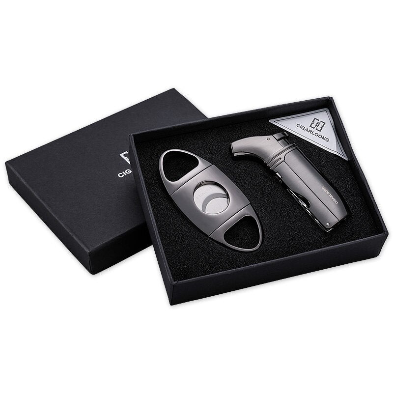 Cigar Lighter Set Portable Windproof Lighter With Cigar Drill Stainless Steel Cigar Scissors